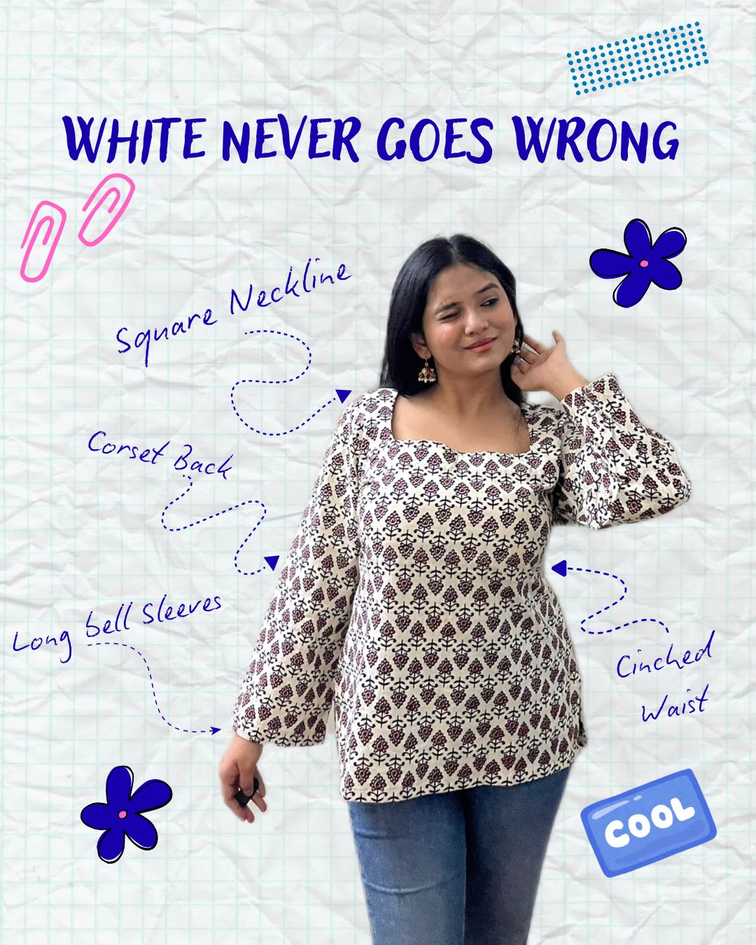 White flower print square neck kurti