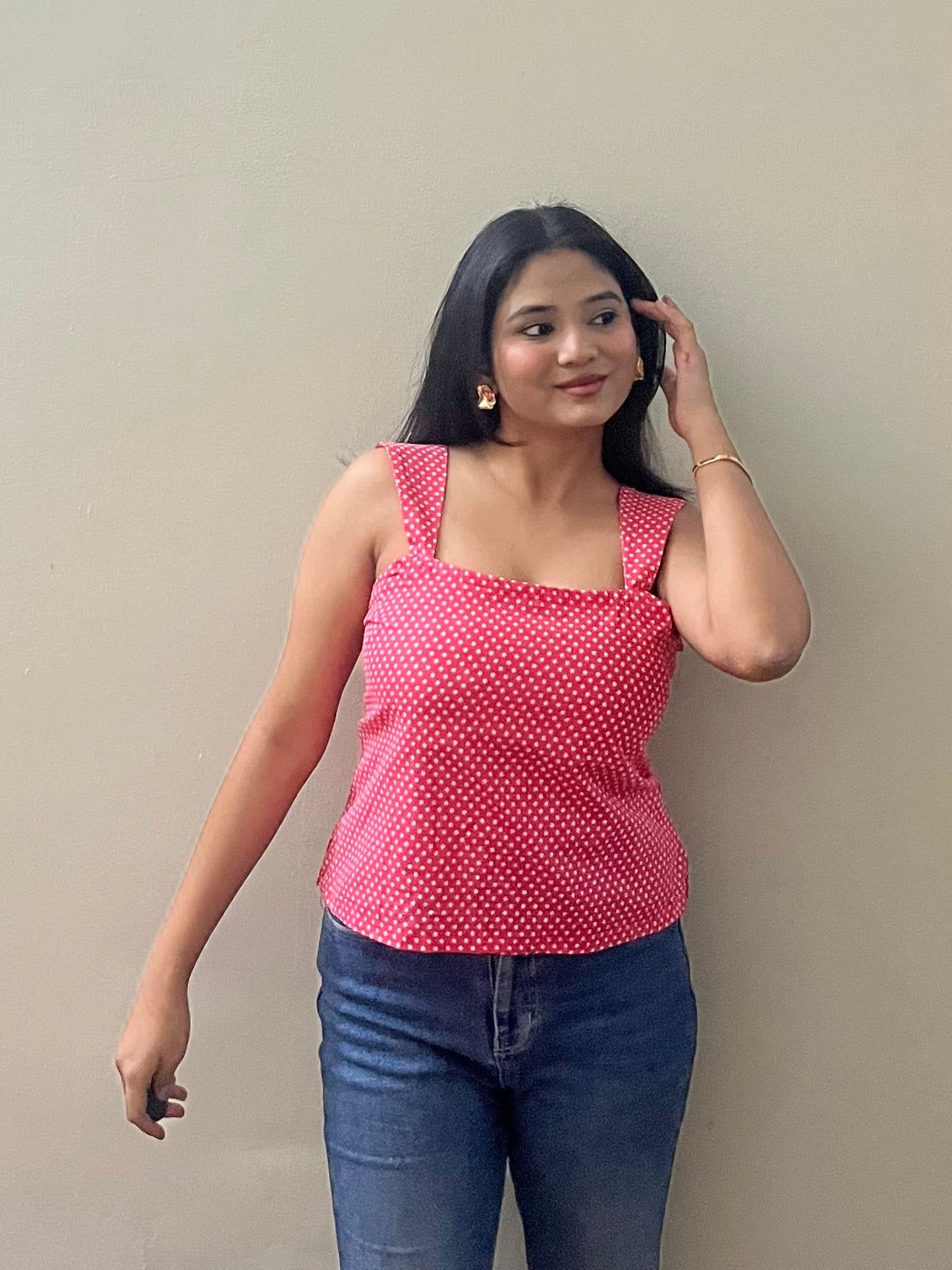 Polka dot peplum top - Coral Pink