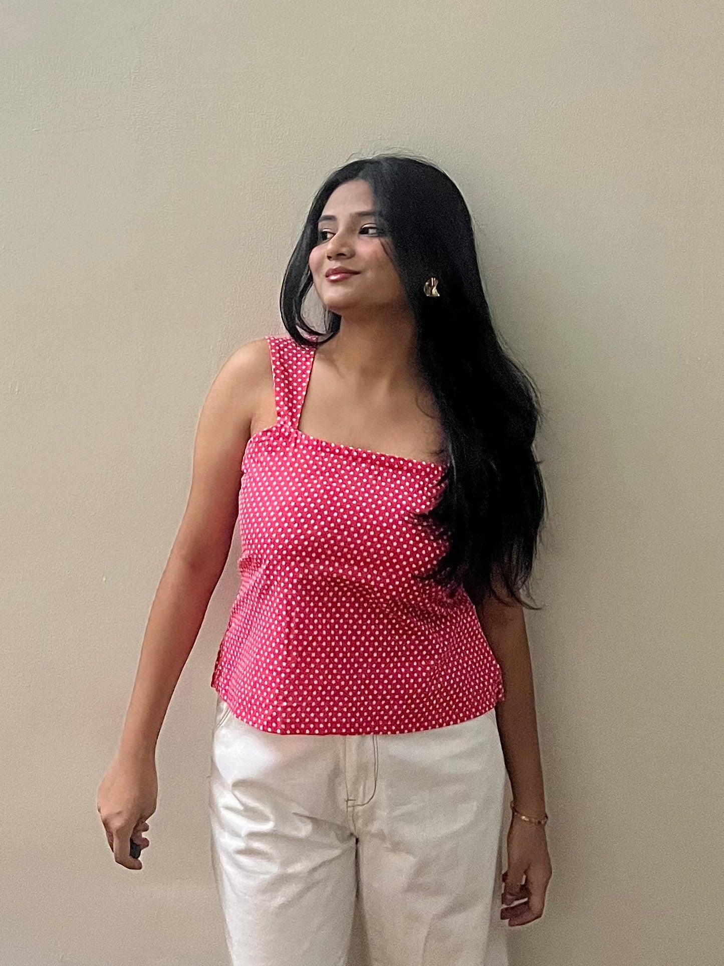 Polka dot peplum top - Coral Pink