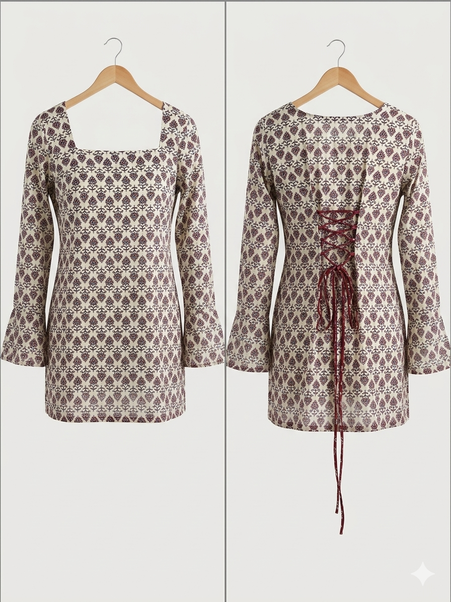 White flower print square neck kurti