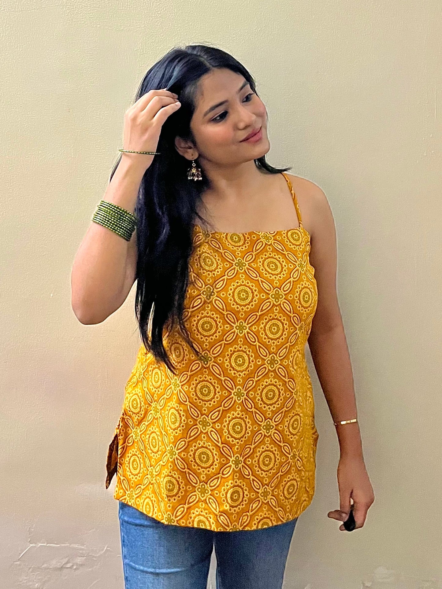 Yellow noodle strap kurti
