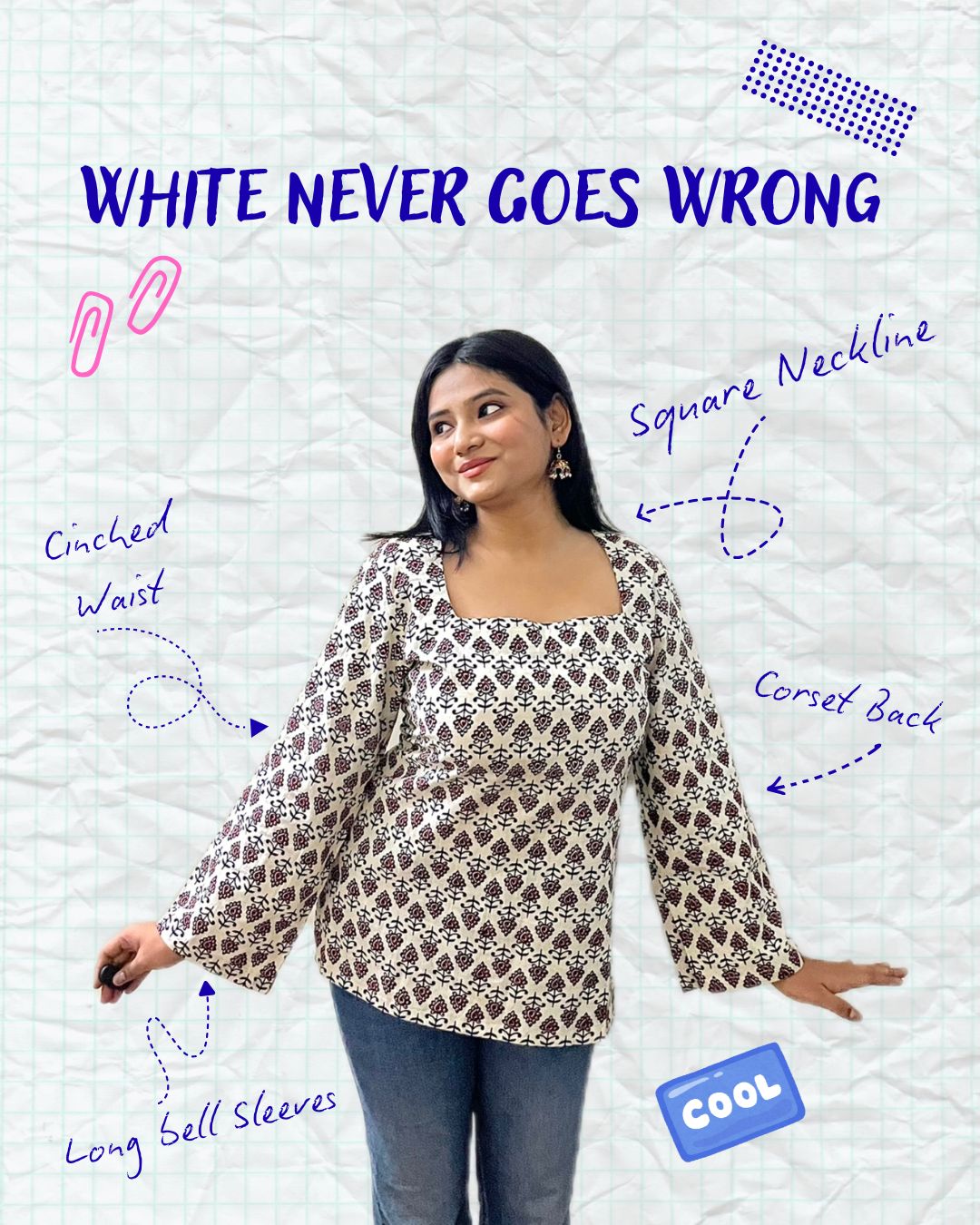 White flower print square neck kurti