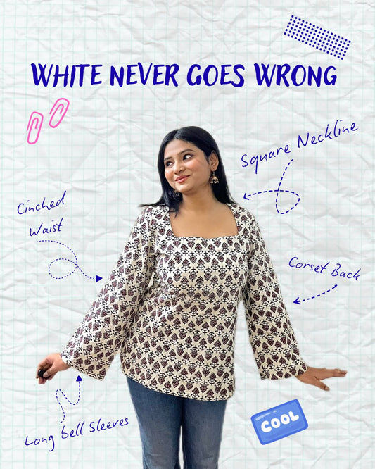 White flower print square neck kurti